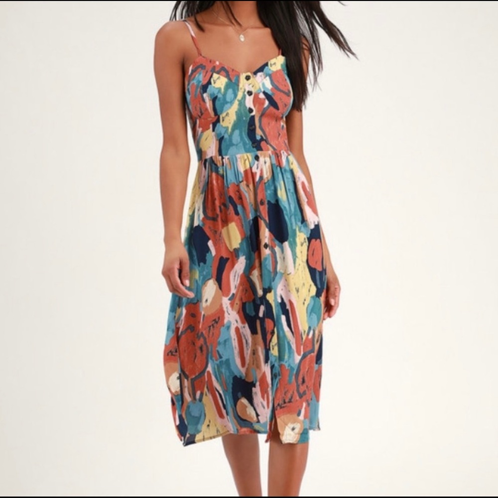 Brand New Rolla’s Eve Painted Tulip Rust Orange Multi Print Button-Up Midi Dress